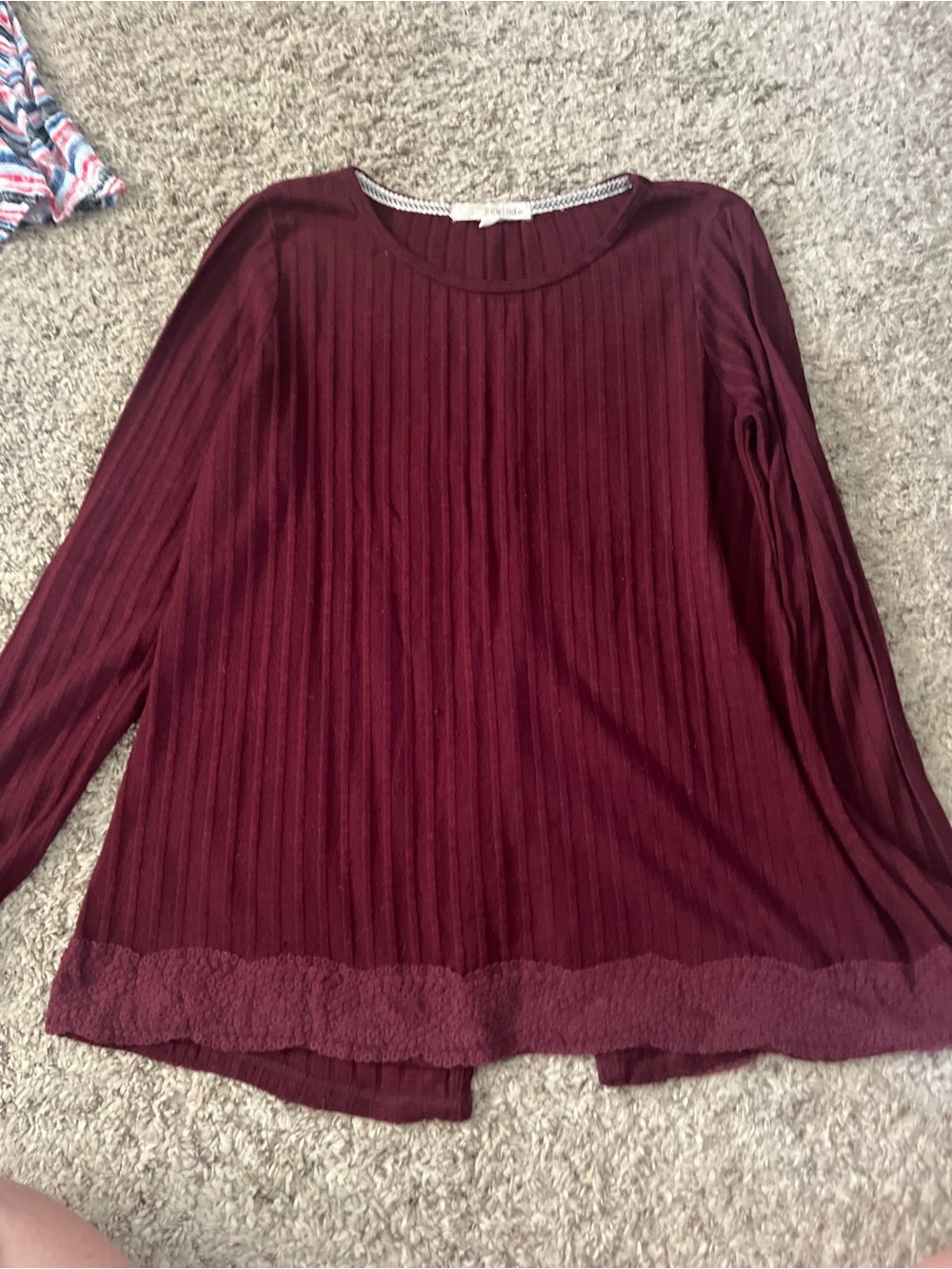Rewind Burgundy Ribbed Long-Sleeve Top with Lace Hem